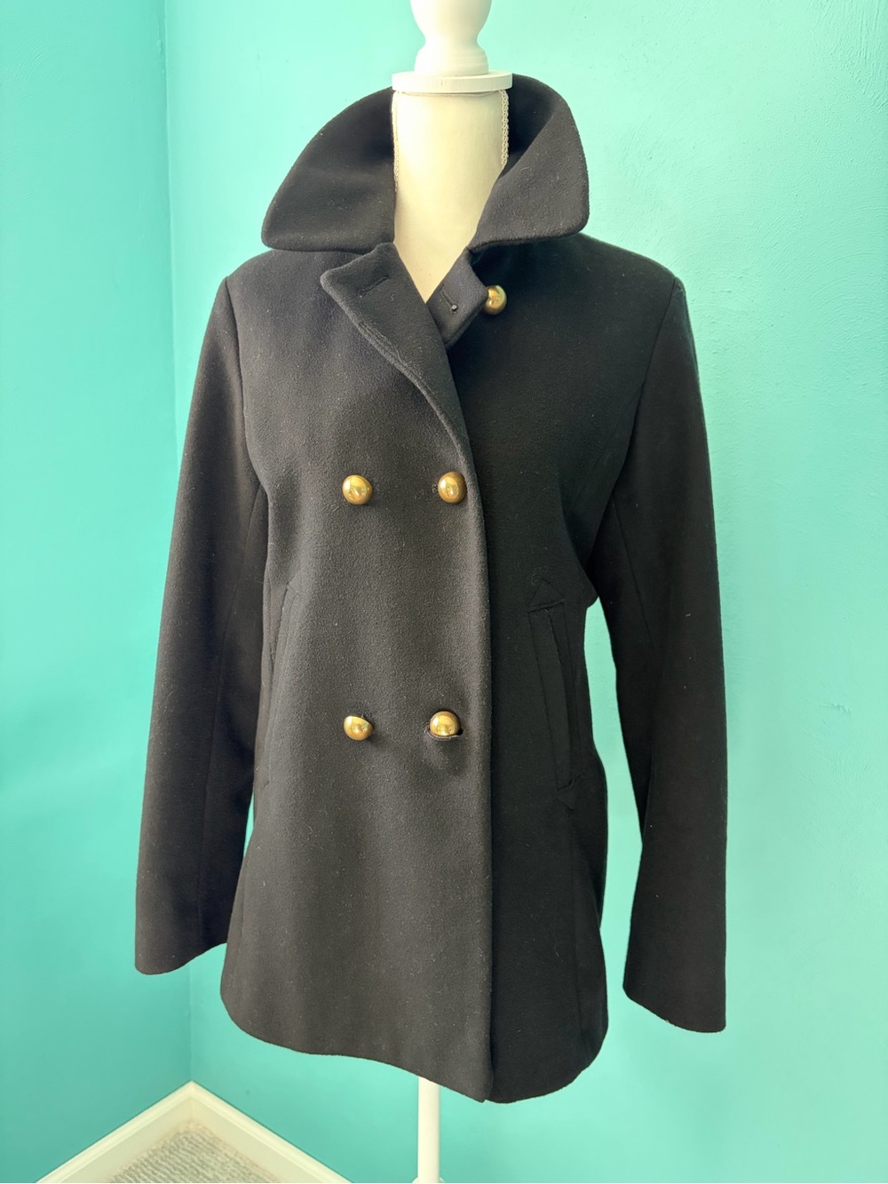 Vintage Liz Claiborne Black Double-Breasted wool Peacoat with Gold Buttons